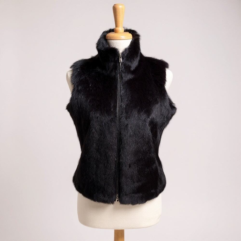 Karen Kane Natural Fur Vest Sz M Black Full Zip